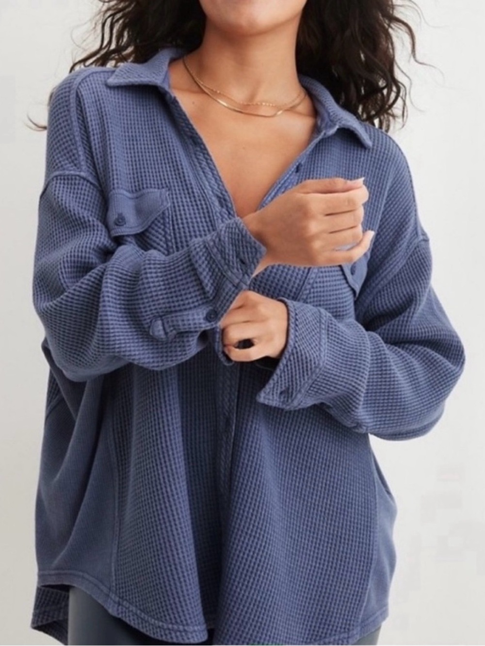 Aerie Lumber Jane Waffle Shirt Shacket Women’s Blue Oversized slouchy sz S